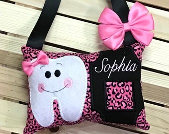 Personalized Tooth Fairy Pillow- Pink Leopard-W0003