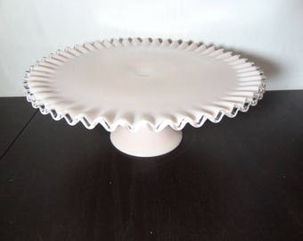 Vintage Fenton Pink Milk Glass Silver Crest Pedestal Cake Stand/Plate Ruffled Edge - Pink Rose Pastel Milk Glass Wedding/Shower Cake Stand
