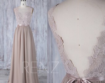 Bridesmaid Dress Taupe Chiffon Dress,Wedding Dress,Lace Illusion V Back Party Dress with Sash,Boat Neck A Line Sleeveless Maxi Dress(L291)