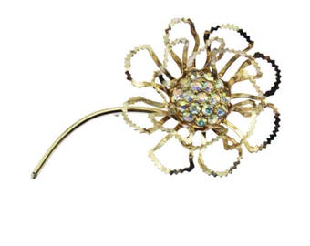 Sarah Coventry Flower Brooch, Rhinestone Flower Brooch, Large Gold Flower Brooch, Large Gold Flower Pin