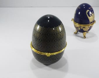 french Cobalt Blue and Gold Decor Porcelain Egg Trinket Box, Vintage Large Porcelain Vanity Accessory, Pill Box Faberge Style Egg