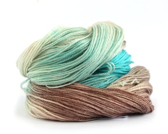 Handdyed 4ply yarn, superwash merino tencel, fingering weight sock wool, Ripples In The Sand turquoise brown cream Perran Yarns Free pattern