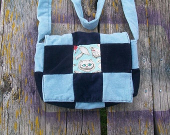 Blue Black Cheshire Cat Wonderland Recycled Corduroy Crossbody Purse Ready to Ship