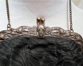 Antique Art Nouveau German Silver Frame and Black Silk With Fringe Purse, c. 1880