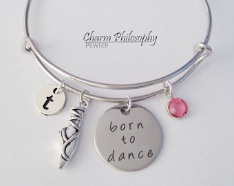 Dance Bracelet, Necklace or Keychain - Adjustable Bangle Bracelet - Dance Teacher Gifts - Personalized Initial & Birthstone - Born to Dance