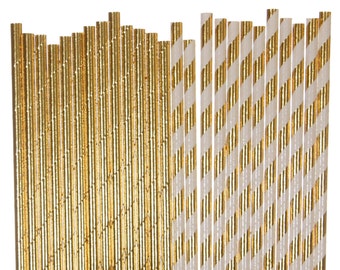 Paper Straw Mix, Gold Foil Solid and Striped Paper Straws, Golden Birthday Supplies, Gold Anniversary Straws, Bling Bachelorette Party Straw