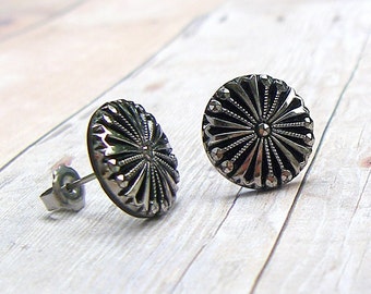 Silver Bloom - vintage glass button stud earrings,repurposed, up cycled earrings