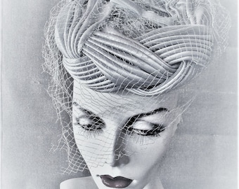 Vintage 1950's Hat Pale Blue Satin Turban Wrap/ Pillbox Tilt Hat with Veil Netting & Combs