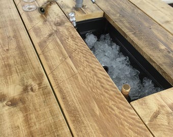 Rustic Patio Table with integral Ice Buckets & 2 benches /dining table/garden table/garden furniture