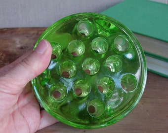 Vintage Green Glass Flower Frog, Vaseline Glass, Large Flower Frog, 13 Holes, Footed, Vase Insert, Garden Collectible, Floral Arranging