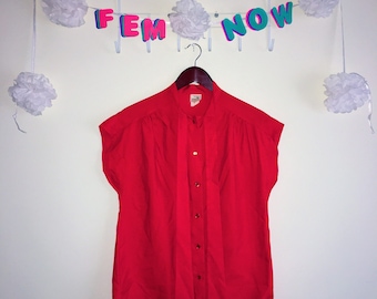 Vintage 1970s Shirt, ILGWU – Red Satin Button Up Short Sleeve