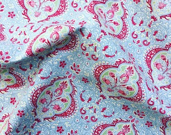 Pale blue grey and red vintage style floral flower 100% quality cotton fabric by Rose & Hubble by HALF METRE