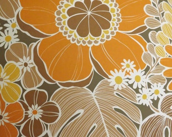 Vintage Wallpaper Giant Orange Flowers Retro fig leaves yellow by the meter brown figs Ficus carica SJH