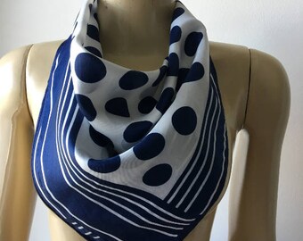 Vintage 80s Blue polka dot scarf ECHO scarf blue white neck and head scarf hand rolled edges Spring summer scarf gift for her 23 " square