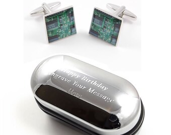 Green Circuit Board Computer Cufflinks & Engraved Gift Box (X2BOCS007) - Novelty Cufflinks, Quirky Cufflinks, Personalised Cufflink Box