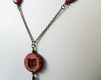 Rose Pink Kitty Cat Czech Glass Antiqued Brass Chain Necklace - Long 32 inches - BeadedTail - Cat Lover Gift - Cat Lady Gift