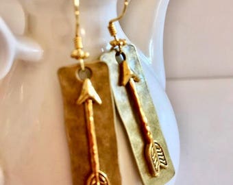 Golden Arrow Earrings-Antique Brass With Gold Pewter Arrows