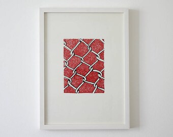 Original screen print poster wire fence, red