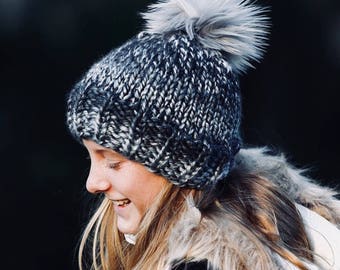 Chunky Grey Ombre Faux Fur Pom Beanie