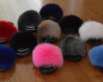 Real Fur Slide Fox Sandals Slippers Slides New