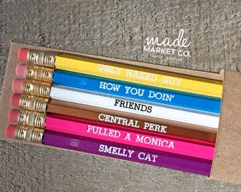 Friends Pencil Set, TV Sitcom Show Series, Foiled Engraved Pencils, Rachel Monica Ross Joey Chandler Phoebe, Fun Gift, Office Supplies