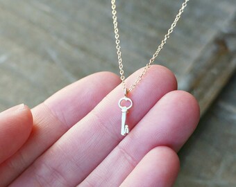 Tiny Gold Key Necklace / 14k Gold Key on a Gold Filled Chain ... Key to My Heart Necklace