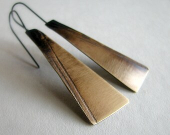 Brass earrings, patterned and hand cut metal, modern rustic earrings - Shadowland