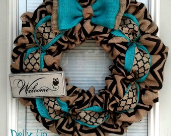 Burlap Wreath - Black and Natural Chevron - Teal Wreath - Home Decor - Front Door Wreath - Fall Wreath - Winter Wreath - Everyday Wreath