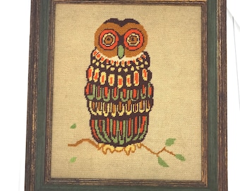 Owl Needlepoint in Vintage Hand Painted and Distressed Wood Picture Frame 1970s