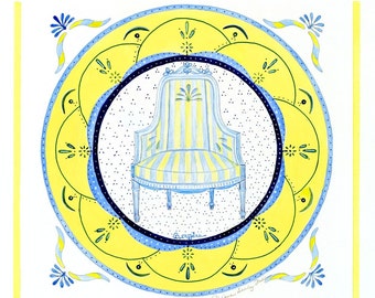 Blue French Bergere Chair/Giclee Print/ Watercolor
