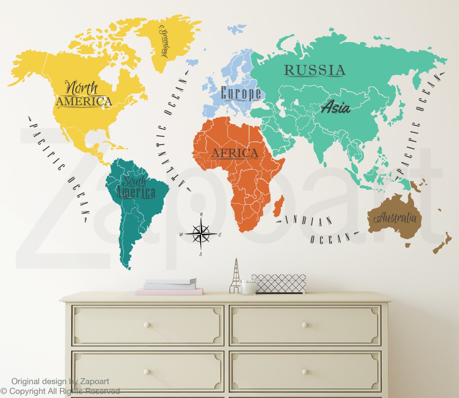 World Map W Continents And Ocean Names Wall Decal