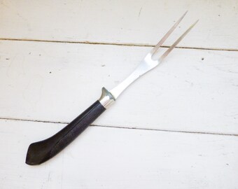 Carving fork, ginsu fork, ginsu knife set, vintage carving fork, serving ware, plastic handle, brown handle, ginsu brand, retro kitchen