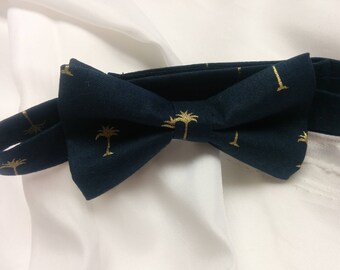 PALM TREE BOWTIE, Last Ones, Navy Blue with gold palm tree, tie or pocket square- Sizes- Boy, Men , gold palm tree, wedding, bridal, photos