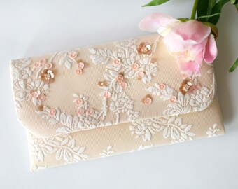 Wedding clutch bag Bridal clutch Evening bag Sequins Floral clutch Bridesmaid gift Peach ivory clutch bag