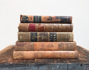 Antique Book Stack - Shabby Leather Bounds, Set of Five 18th and 19th Century Books, Vintage Home Decor