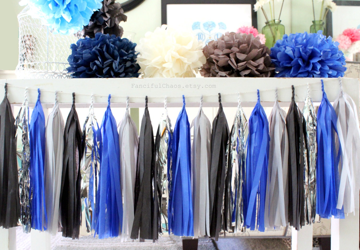 Royal Blue Grey Black Silver Tissue Paper Tassel Garland Royal Blue Grey Black Silver Tissue Paper Tassel Garland