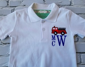 Boys Firetruck Monogrammed Shirt- Boys Polo Shirt- Monogram- Boys Firetruck Polo Shirt