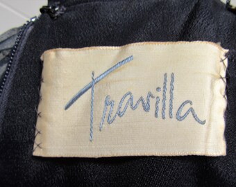1970s Iconic TRAVILLA Navy Geometric Illusion Dress