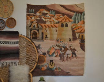 XL Vintage Pastel Peruvian Woven Wall Hanging • Boho Fiber Art Tapestry