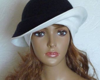 Black hat, Black and white, Felt hats, Women's hats, Wool hat, Warm hat, winter hat, Autumn hat, White hat, Elegant hat Clothes made of felt