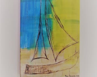 Sailing boat, nostalgic, acryil painting on canvas