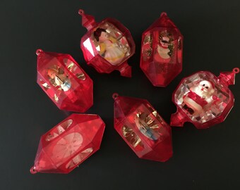 Vintage 6 Plastic Christmas Ornament Diorama