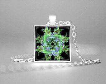 GREEN FLORAL FRACTAL Mandala Charm Necklace Mandala Art Mandala Pendant Sacred Geometry Meditative Necklace Mandala Jewelry Necklace Gift