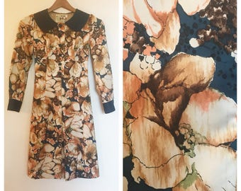 Vintage 60s 70s Peony Floral Long Sleeve Dress S/M