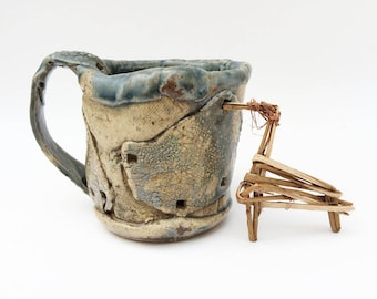 Weirdly Shaped Rustic Mug, Primitive Wonky Vessel, 11 oz Distorted Funky Coffee Mug, Asymmetrical, Unique Stoneware, Patched, Slate Blue