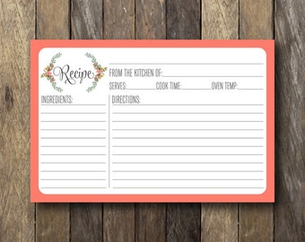Coral Recipe Cards - Printable Recipe Card - Coral Bridal Shower - 4x6 Recipe Cards - Coral Recipe Card - Bridal Shower Recipe Cards