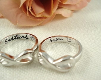 Sterling Silver Set of 2 Infinity Rings... "Sisters with a heart" custom engraved ring , big and little sisters ring, forever and always