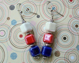 Red, White and Blue Patriotic Cube Earrings (3323)