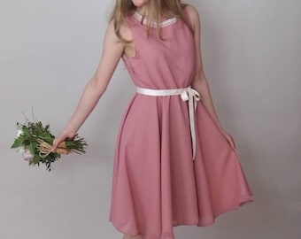 SALE - BELLE - Bridesmaid Dress - Rose pink chiffon bridesmaid dress, prom style, full circle