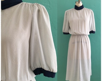 vintage 80's navy blue print dress // square print shirt dress